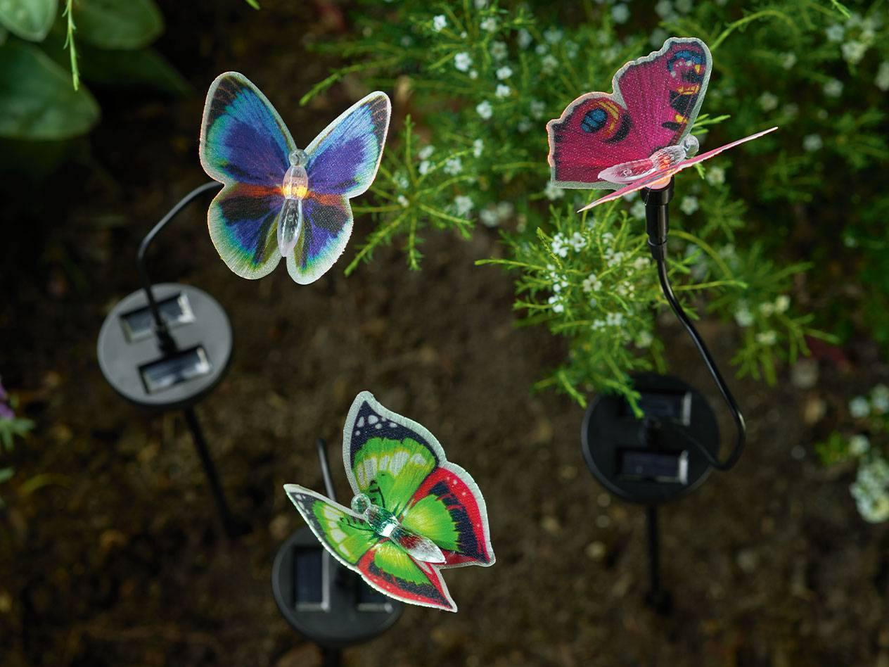Trois piquets de jardin papillon colorés à énergie solaire, éclairant le sol et les plantes.