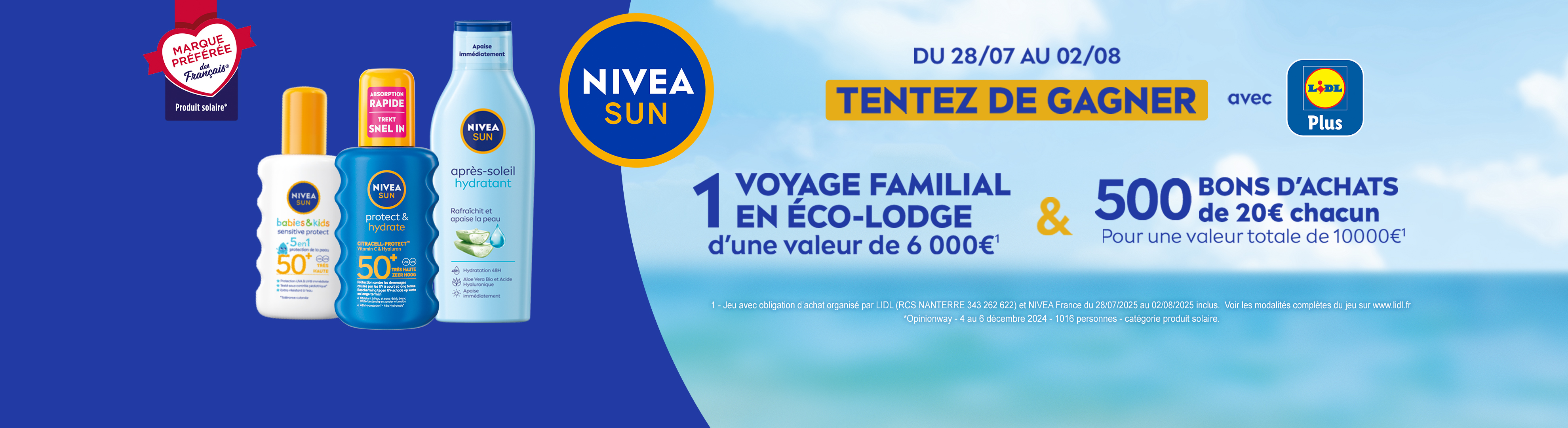 NIVEA Sun produits solaires : concours pour gagner un voyage familial et des bons d'achat.