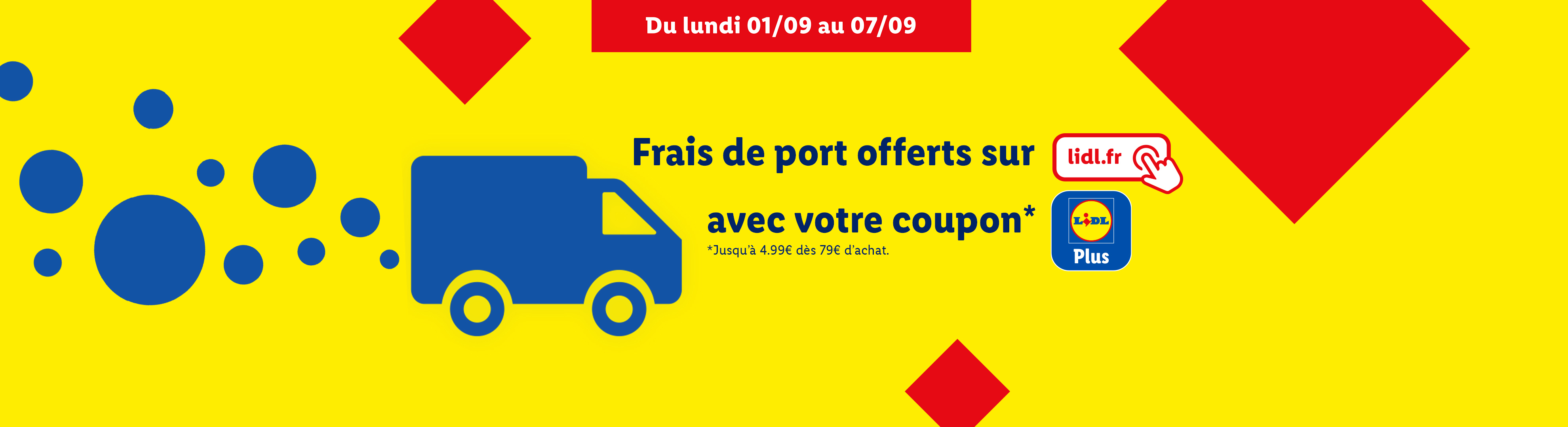 Publicité Lidl offrant la livraison gratuite sur lidl.fr avec un coupon, valable du 1er au 7 septembre.