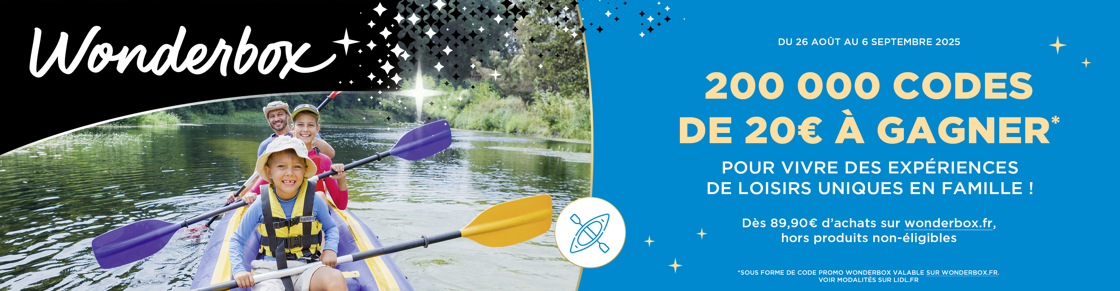 Publicité Wonderbox pour gagner des codes de 20€, avec une famille en canoë.