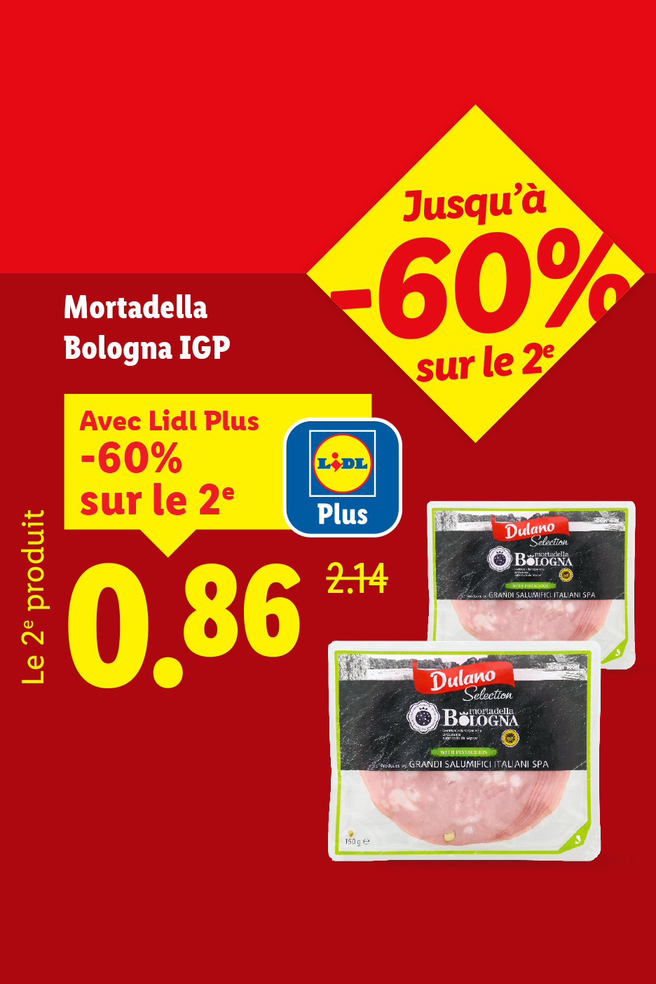 Publicité pour la mortadelle de Bologne IGP, avec une offre de -60% sur le 2ème produit.
