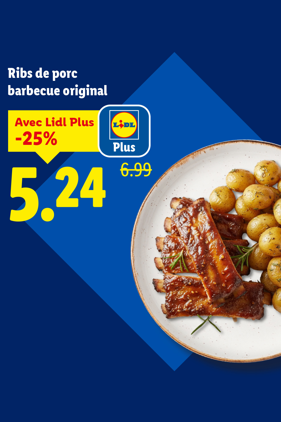 Travers de porc barbecue avec pommes de terre, prix réduit à 5,24 € avec l'application.