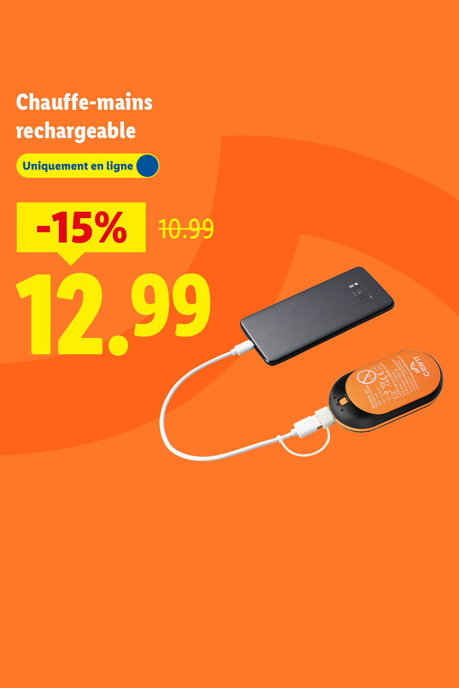 Chauffe-mains rechargeable avec une réduction de 15% à 12,99€, disponible uniquement en ligne.