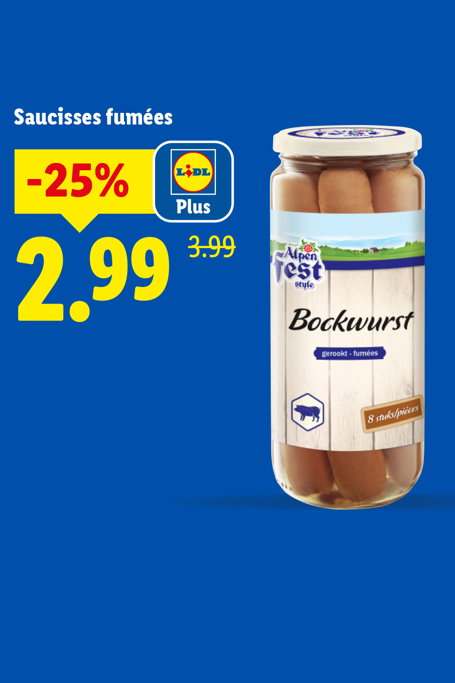 Bocal de saucisses fumées Bockwurst avec une réduction de 25% à 2,99 €.