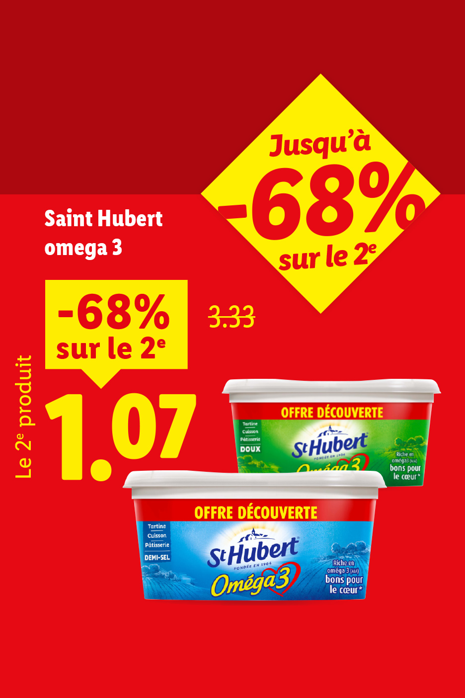 Publicité pour une offre découverte sur des produits à base d'oméga 3, avec une réduction de 68% sur le deuxième article.