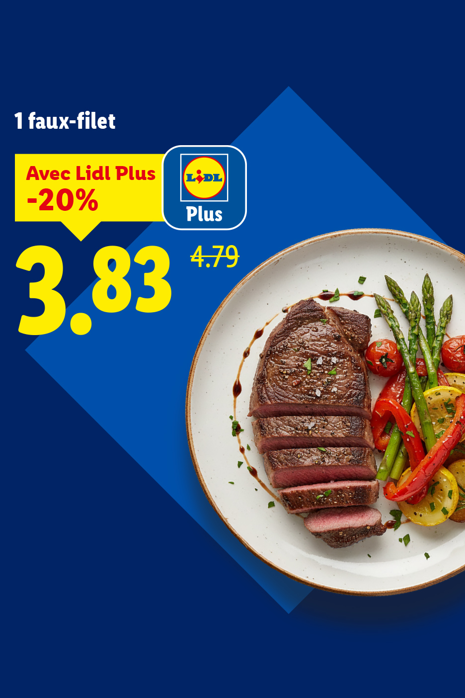 Faux-filet avec légumes, prix réduit à 3,83 € avec carte de fidélité.