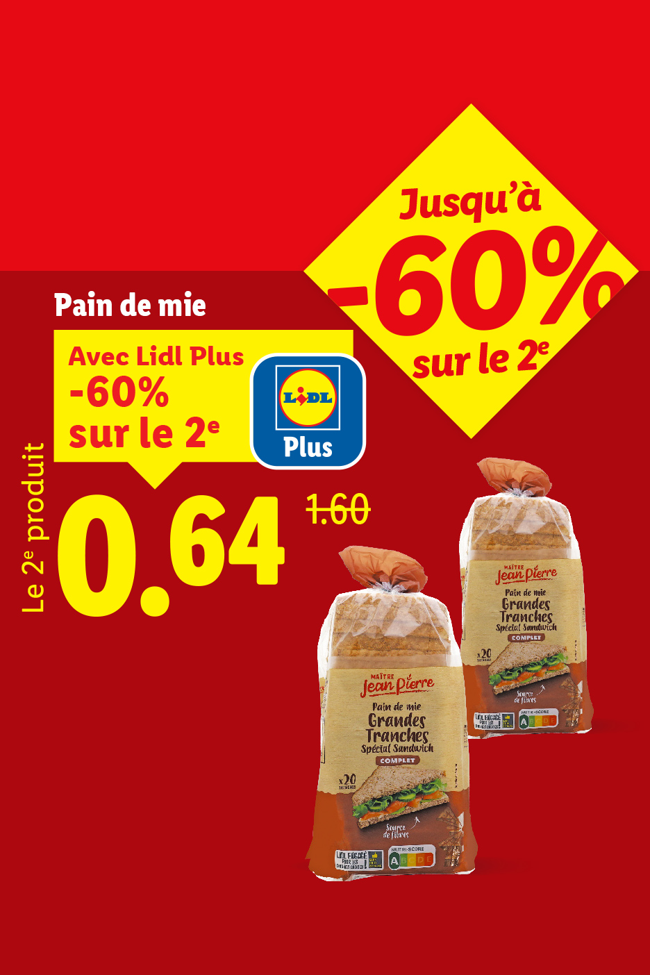 Publicité pour du pain de mie avec une offre de -60% sur le deuxième produit.