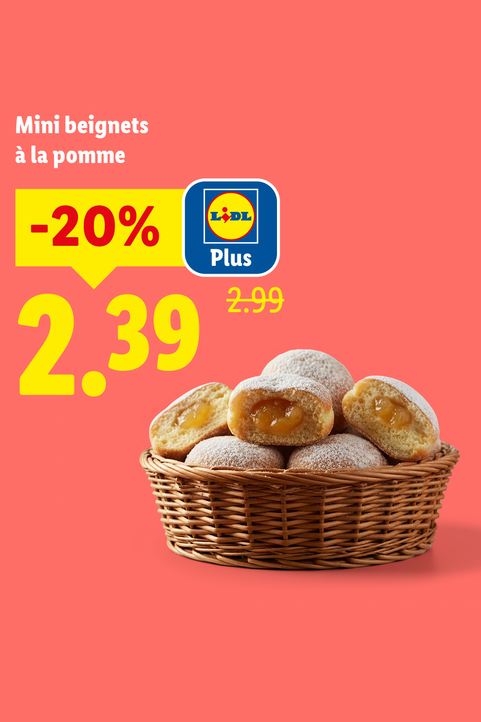 Mini beignets à la pomme dans un panier, avec une réduction de 20% à 2,39€ (au lieu de 2,99€).