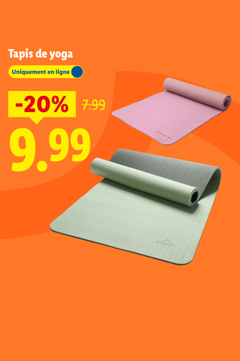 Tapis de yoga vert et rose, 20% de réduction, prix de 9,99€ au lieu de 7,99€, disponible en ligne.
