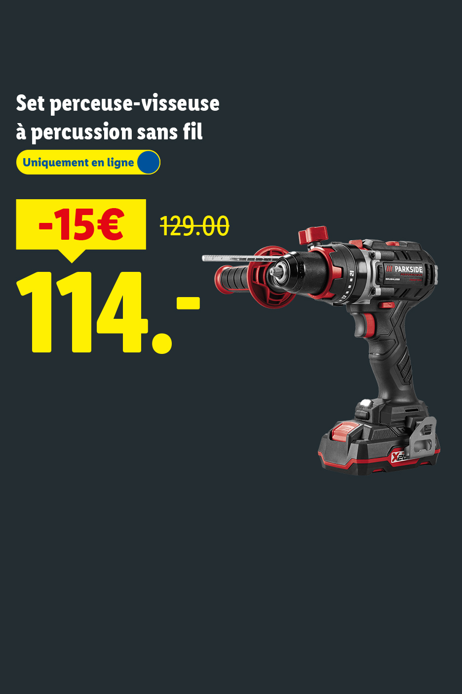 Perceuse-visseuse à percussion sans fil, disponible en ligne, avec une réduction de 15€, passant de 129.00€ à 114€.