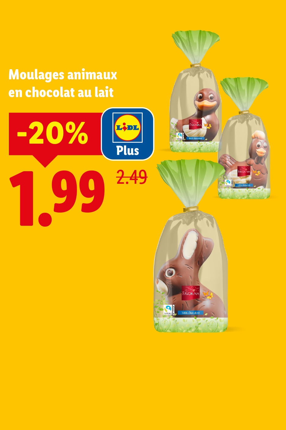 Moulages d'animaux en chocolat au lait, avec une réduction de 20% à 1,99€.