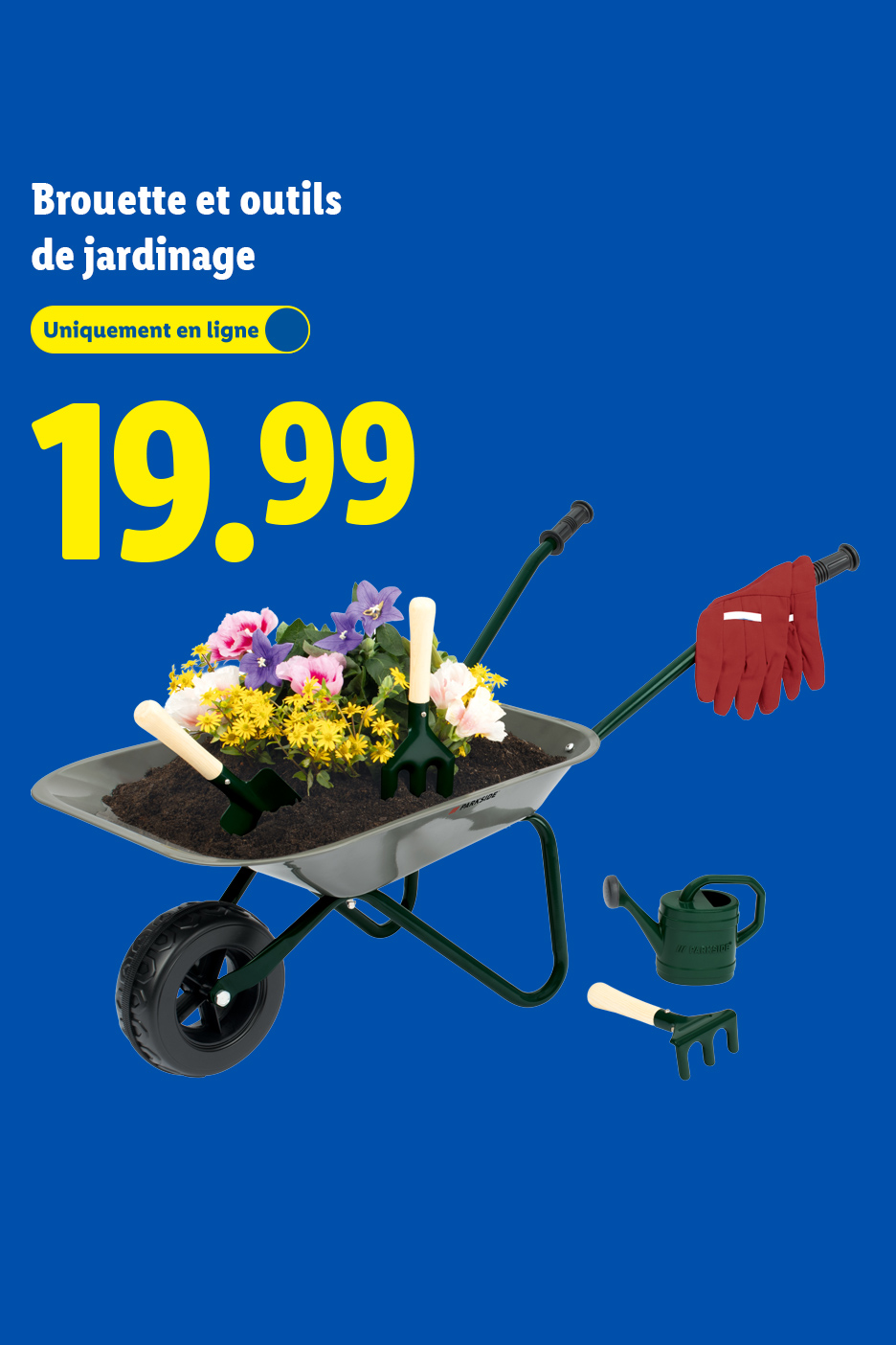 Brouette et outils de jardinage avec des fleurs, des gants et un arrosoir, prix 19.99.