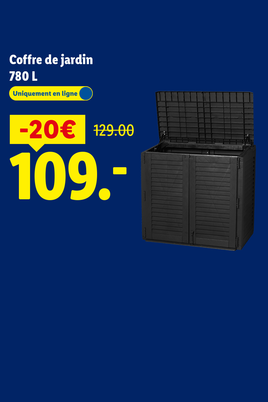 Coffre de jardin noir de 780 L, en ligne, à 109 € au lieu de 129 €.