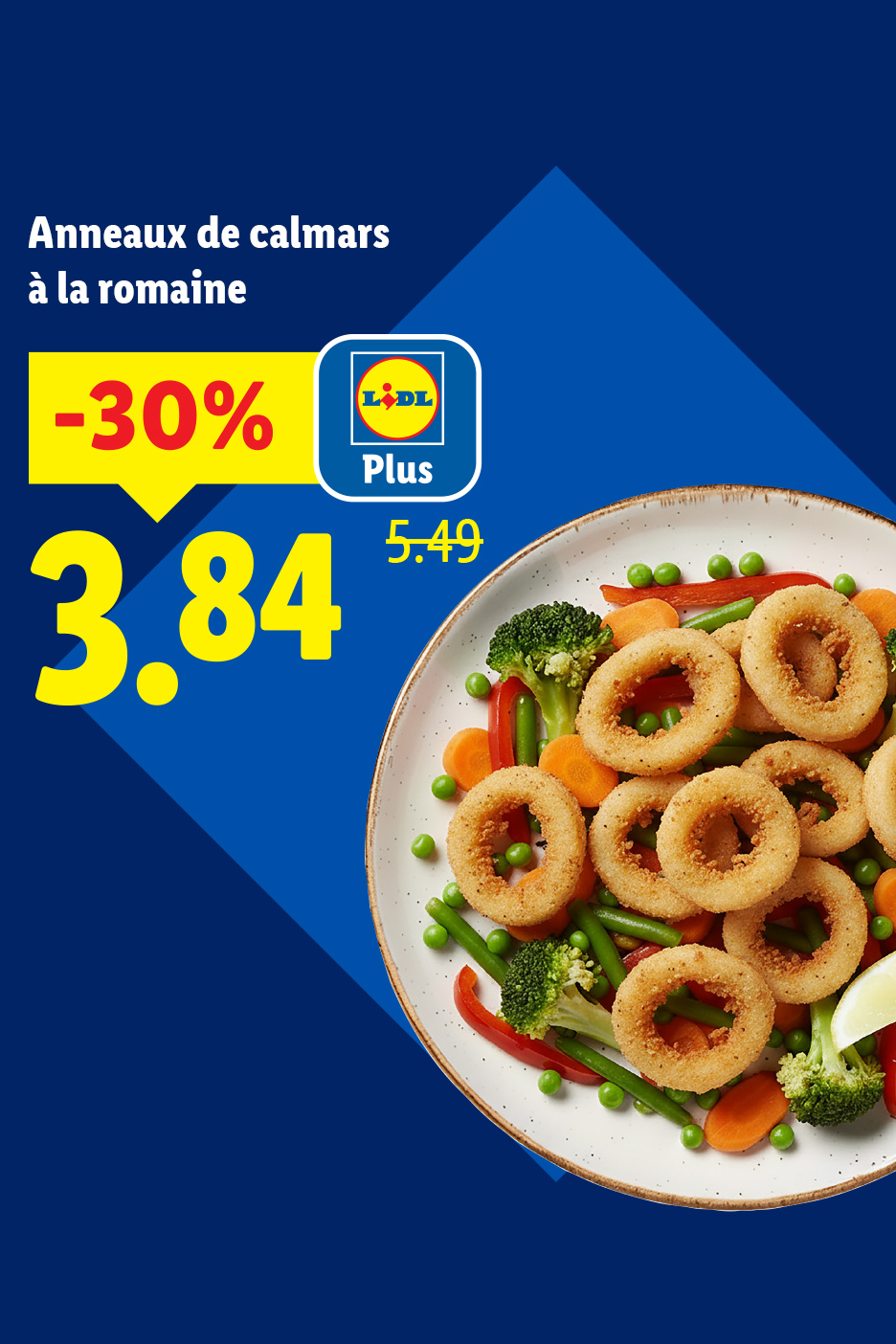 Anneaux de calmars à la romaine avec légumes, en promotion à -30% pour 3,84€ au lieu de 5,49€.