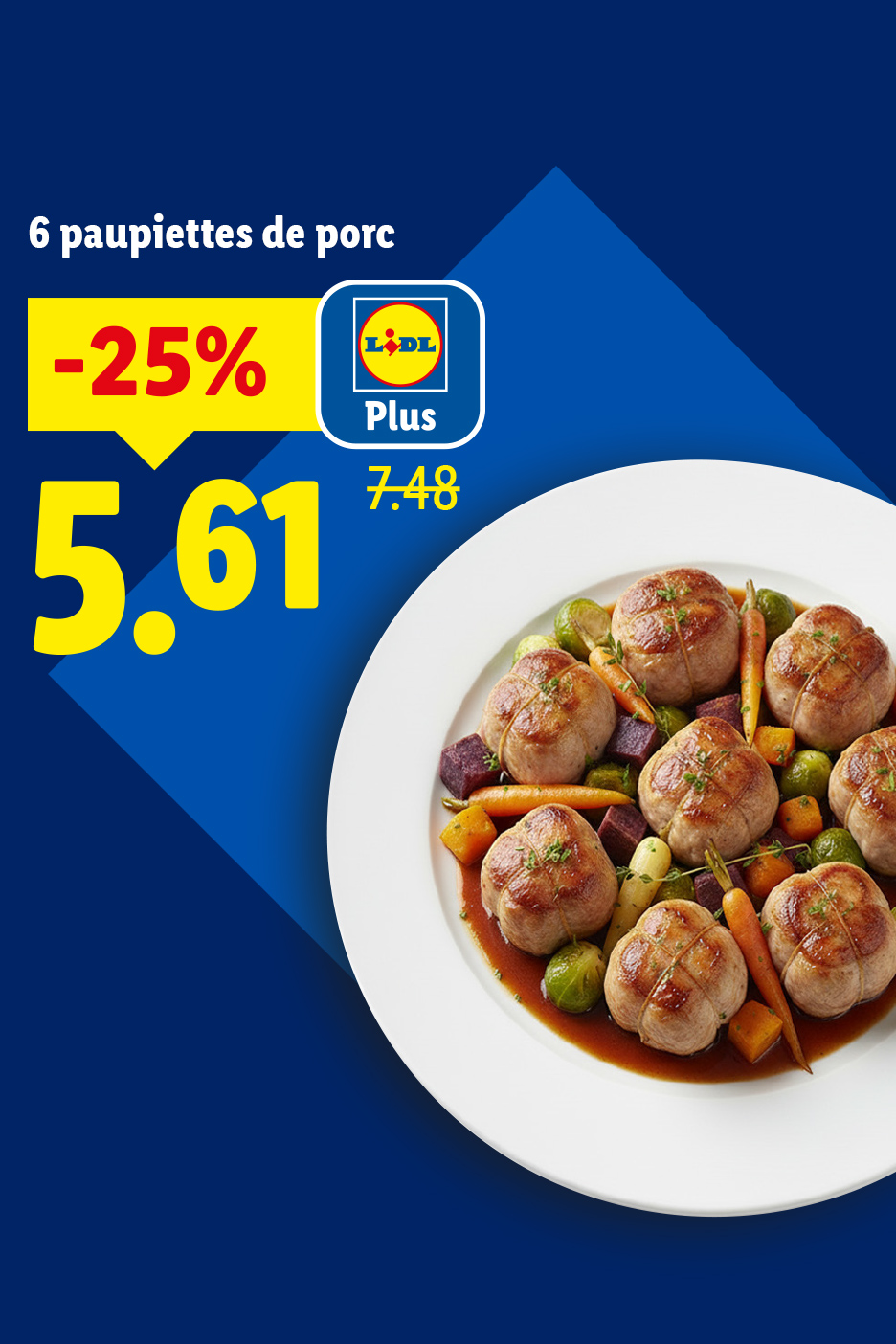 6 paupiettes de porc avec légumes, sauce et une réduction de 25% à 5,61€ au lieu de 7,48€.