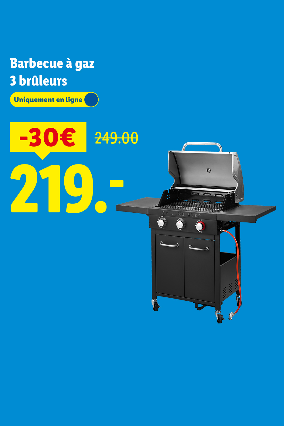 Barbecue à gaz 3 brûleurs, uniquement en ligne, avec une réduction de 30€, prix final 219€.