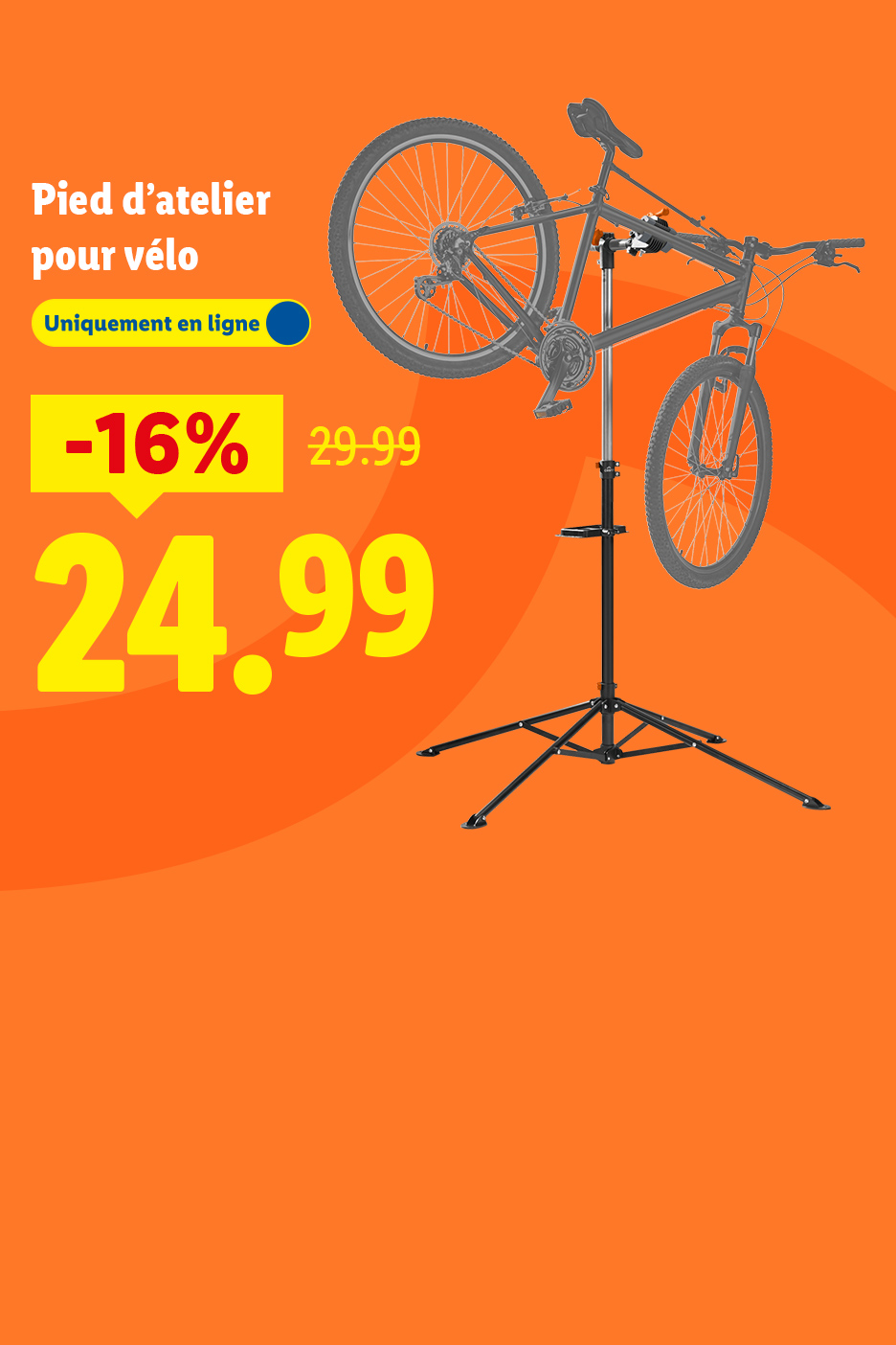 Pied d'atelier pour vélo, en ligne, -16% de réduction, 24.99€ au lieu de 29.99€.