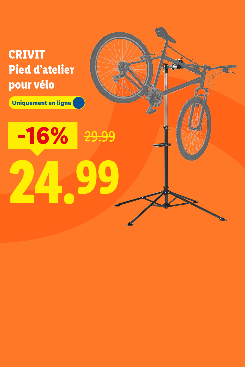 Pied d'atelier pour vélo avec une réduction de 16 %, prix final 24,99 €.