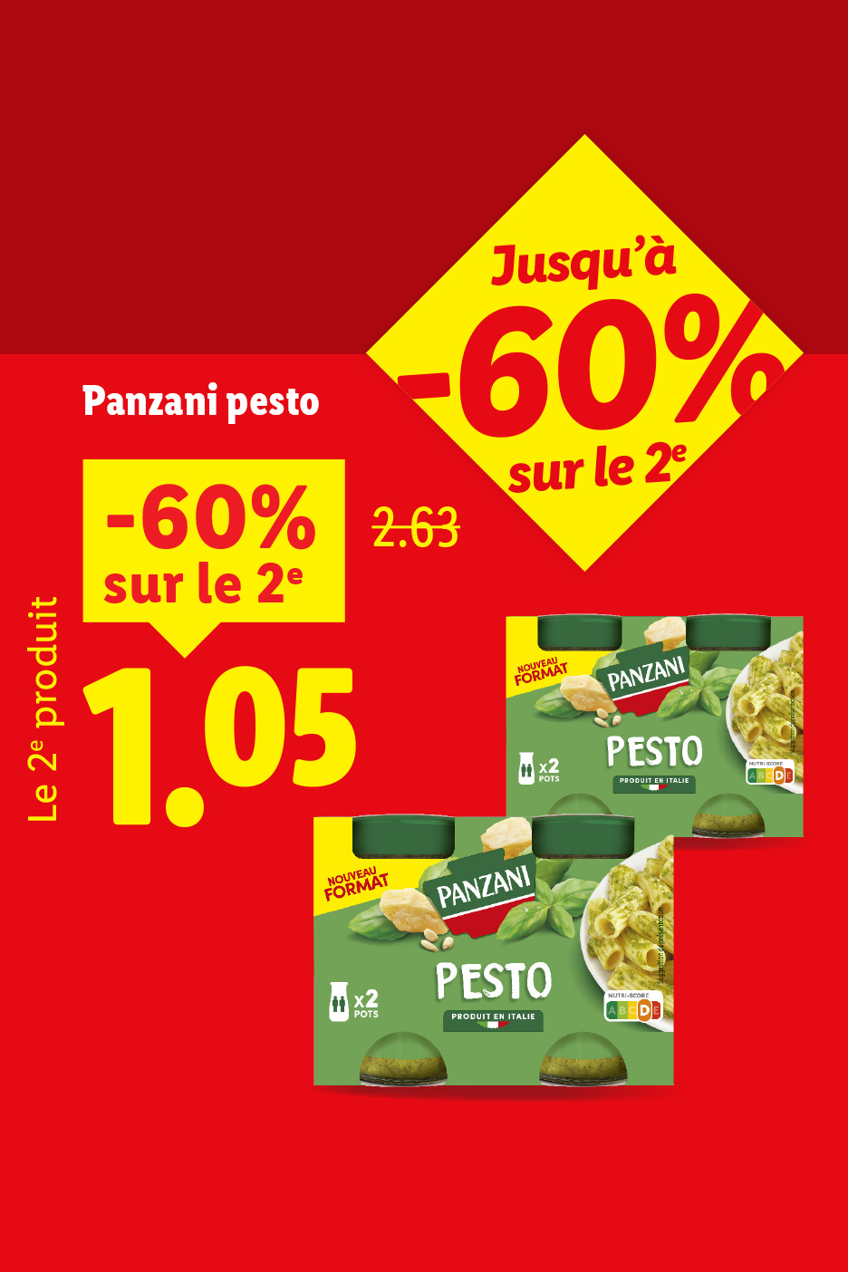Pesto en pots avec une offre de -60% sur le deuxième produit, affichant un prix de 1,05.