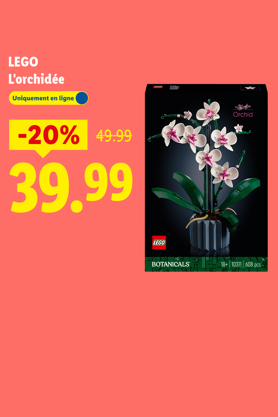 Orchidée en briques de construction avec une réduction de 20%, prix final 39,99.