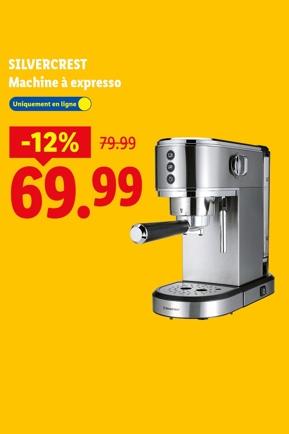 Machine à expresso en acier inoxydable avec une réduction de 12%, passant de 79,99 à 69,99 euros.