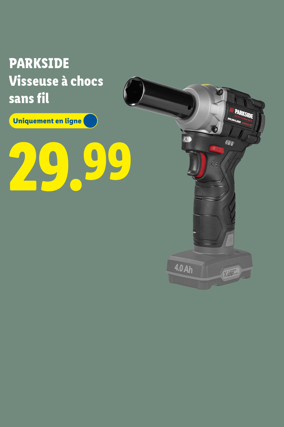 Visseuse à chocs sans fil affichée à 29,99 €, disponible uniquement en ligne.