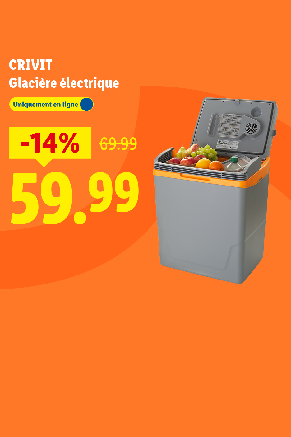Glacière électrique grise et orange remplie de fruits, avec une réduction de 14% affichée.