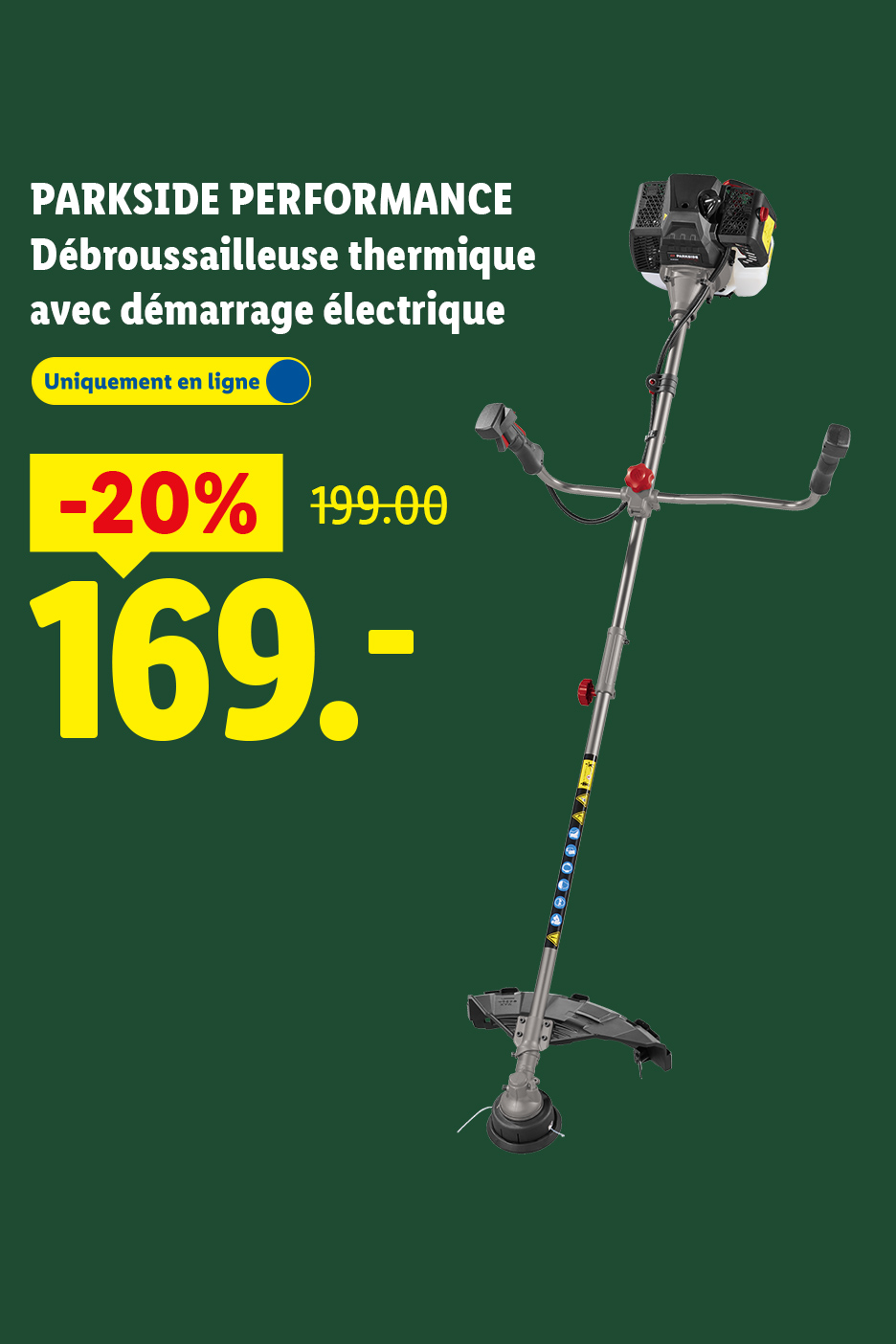 Débroussailleuse thermique avec démarrage électrique, en promotion à 169.- au lieu de 199.-, disponible uniquement en ligne.