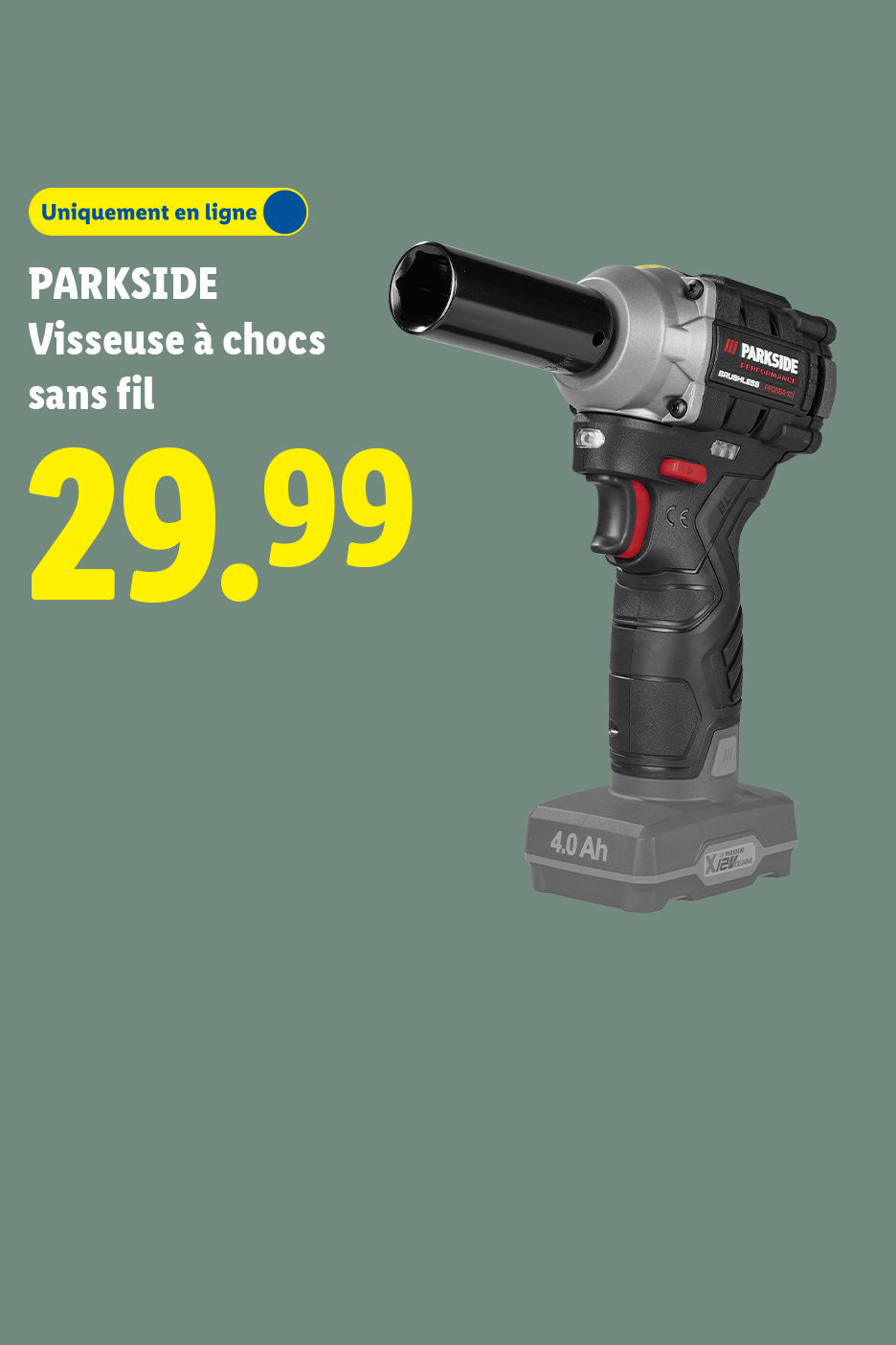 Visseuse à chocs sans fil à 29,99 €, disponible uniquement en ligne.