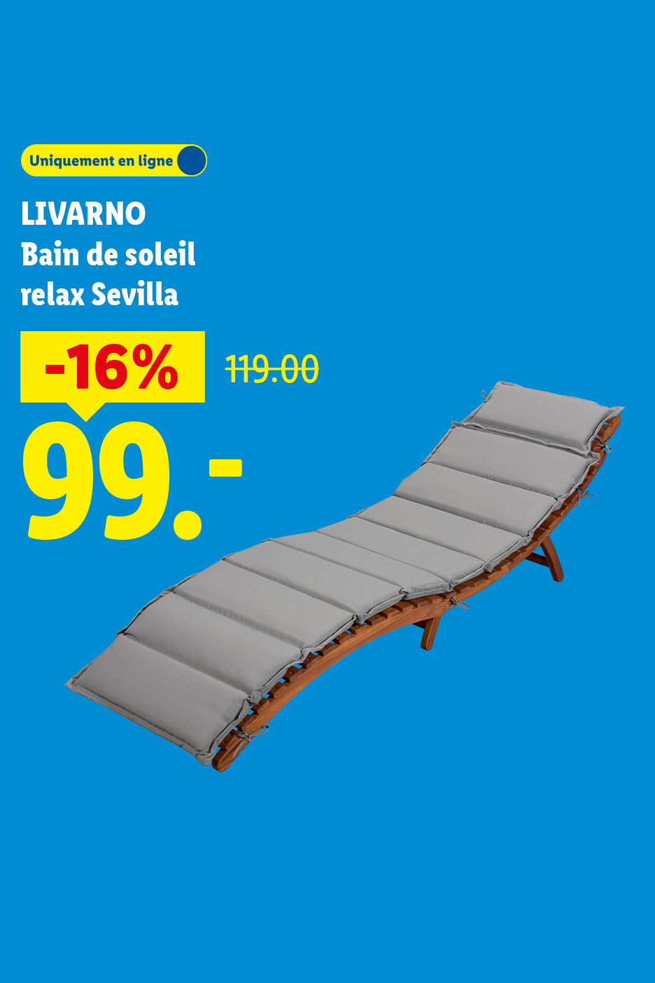 Bain de soleil relax Sevilla en bois avec coussins gris, en promotion à 99.- au lieu de 119.-