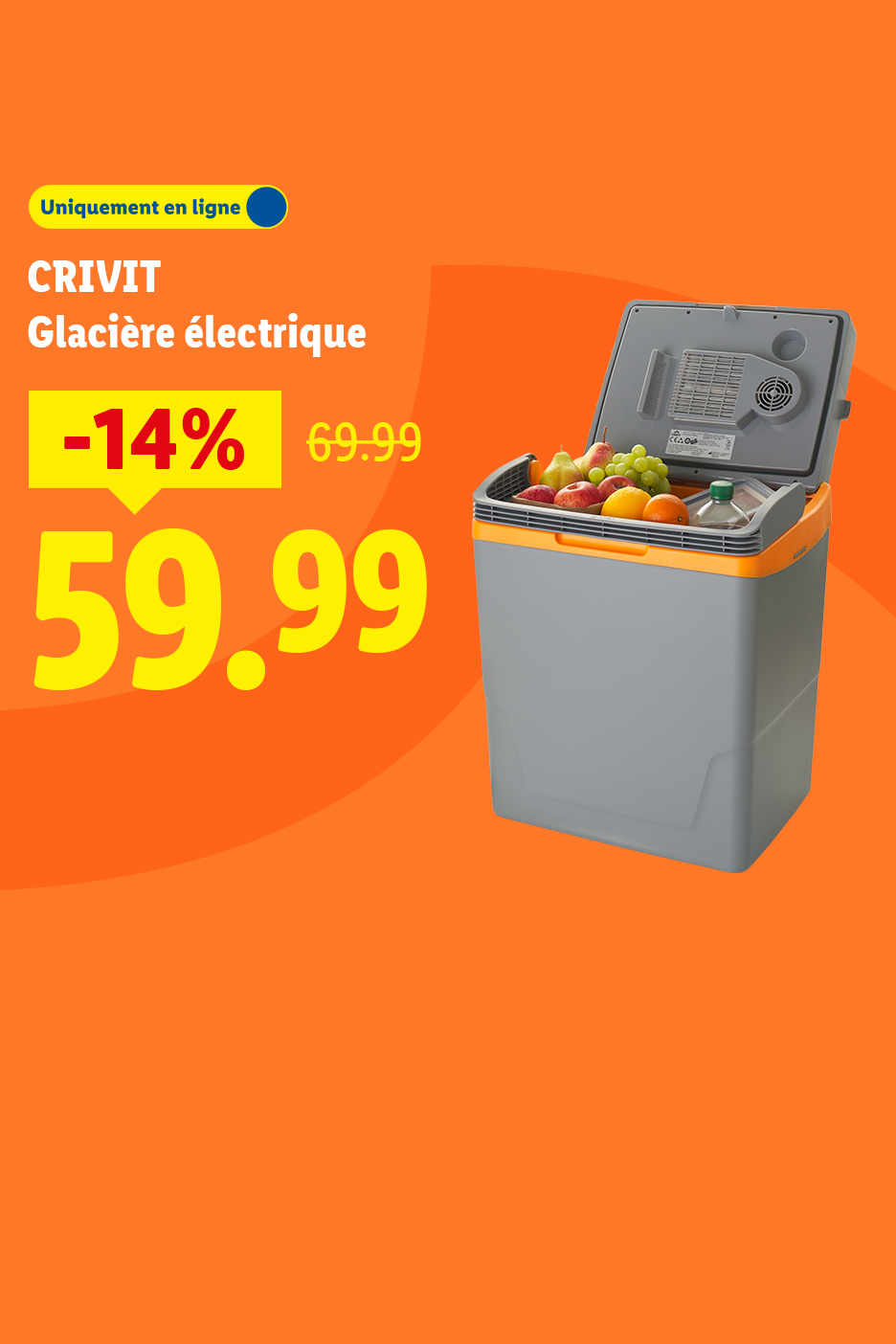 Glacière électrique avec fruits, en promotion à 59.99€ (-14% de réduction).