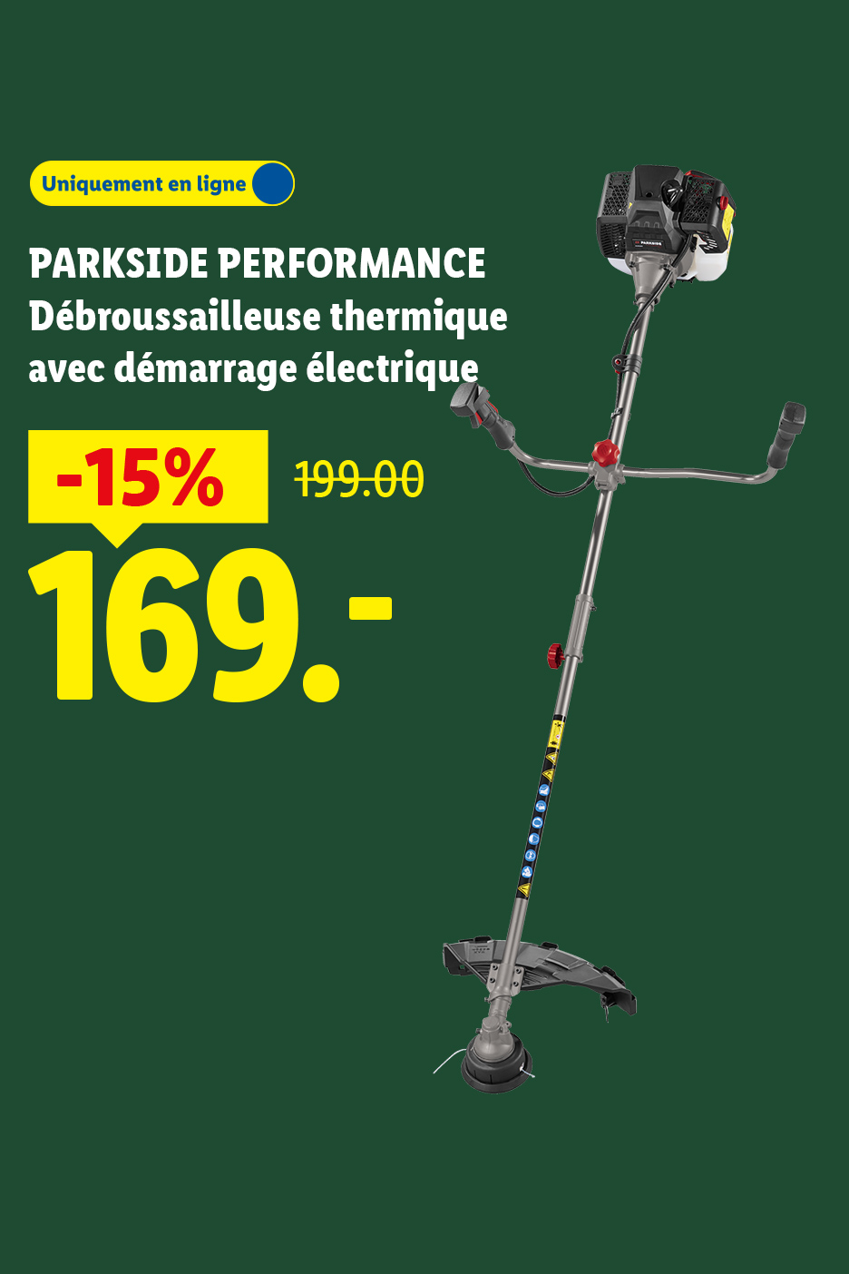 Débroussailleuse thermique avec démarrage électrique, en promotion à 169.- au lieu de 199.-, disponible uniquement en ligne.
