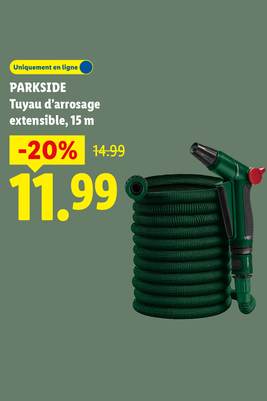Tuyau d'arrosage extensible de 15 m, vert, avec pistolet, en ligne, -20% à 11,99 € au lieu de 14,99 €.