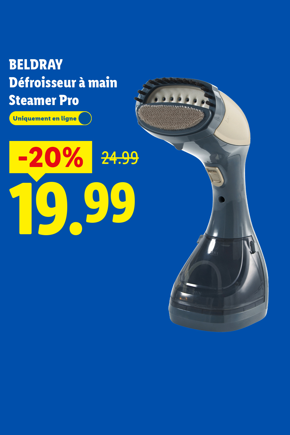 Défroisseur à main avec une réduction de 20%, prix final 19.99€.