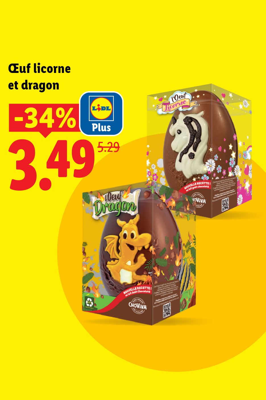 Œufs de Pâques licorne et dragon en chocolat au lait, en promotion à 3,49€.