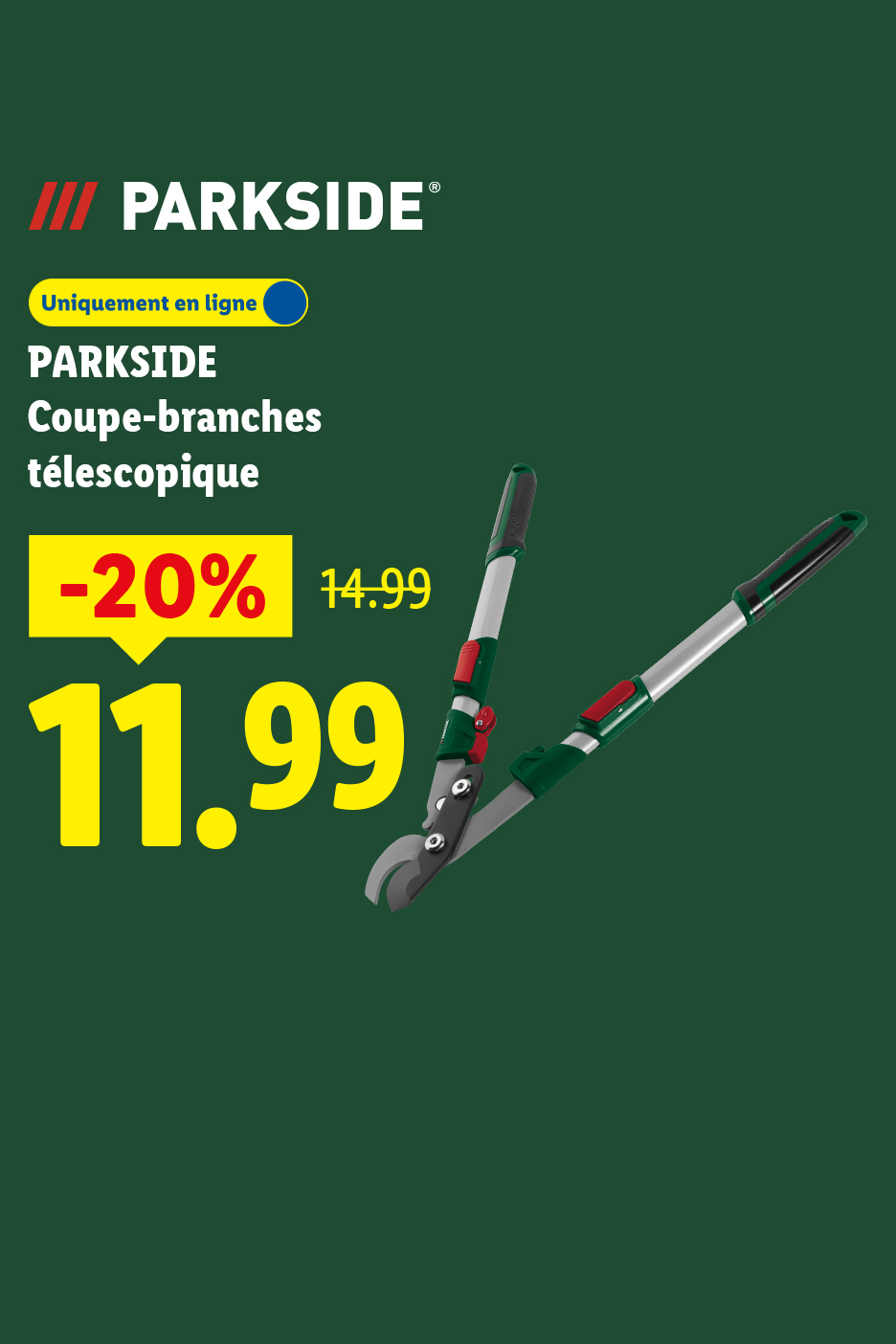 Sécateur télescopique avec une réduction de 20%, prix final 11,99€.