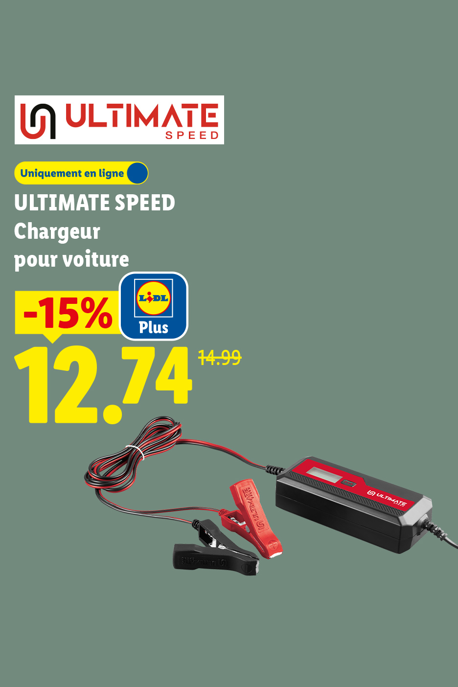Chargeur de voiture avec une réduction de 15%, affichant un prix de 12,74 € au lieu de 14,99 €.