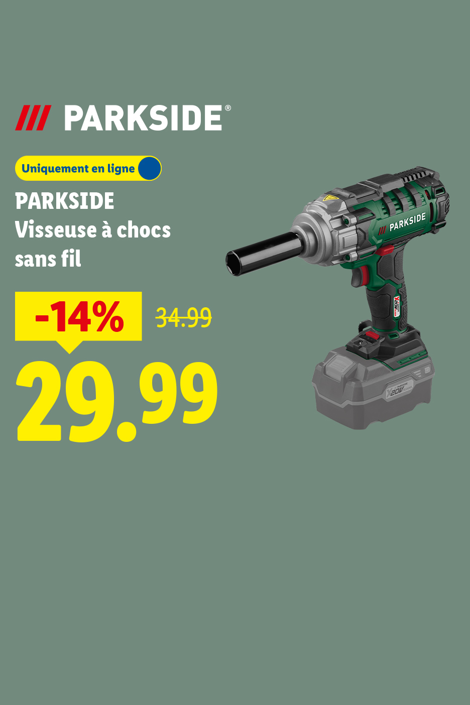 Une visseuse à chocs sans fil verte et noire, avec une réduction de 14% sur le prix, affichant 29,99 €.