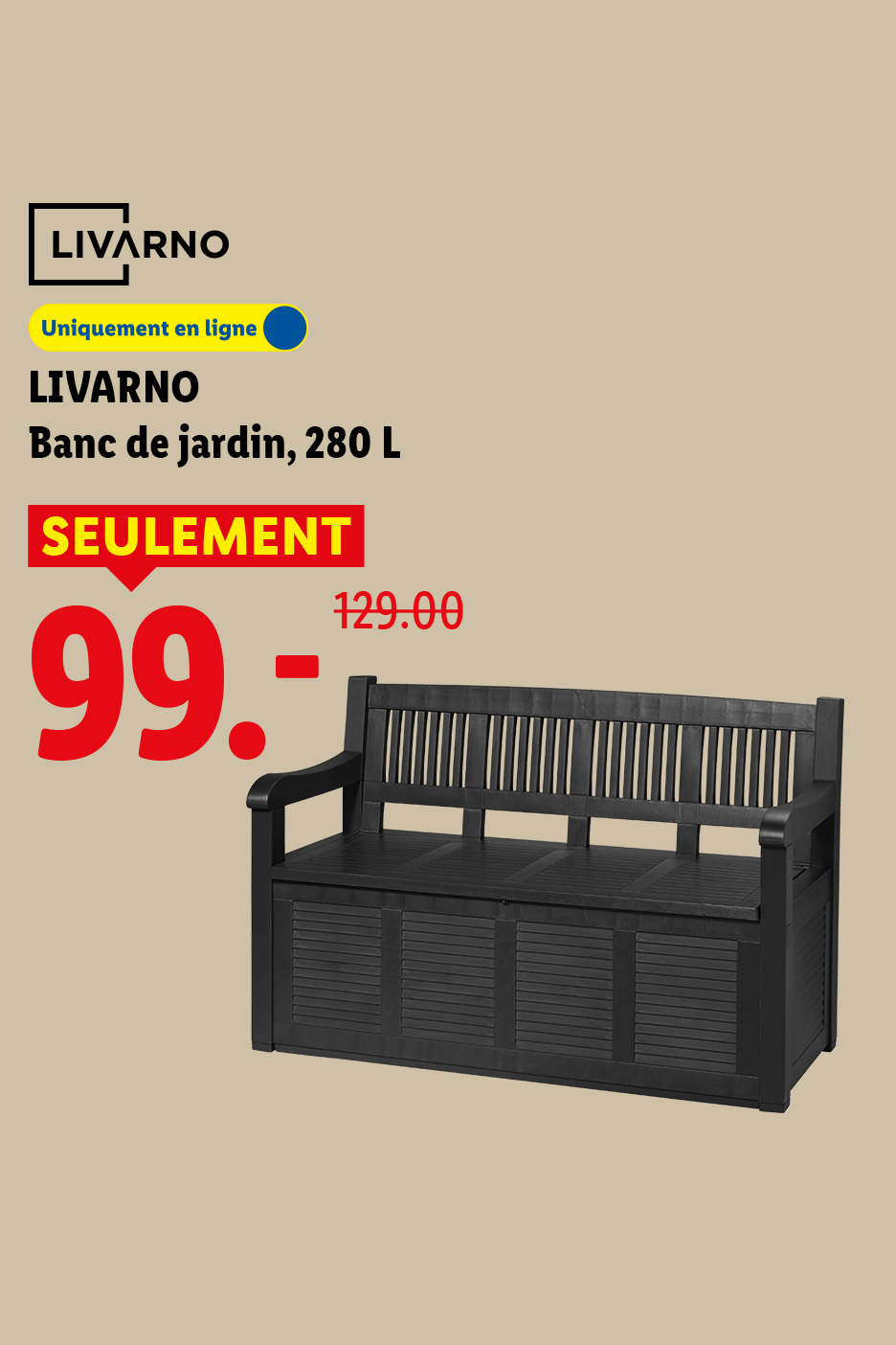 Banc de jardin noir avec rangement intégré, 280 L, en promotion à 99.- au lieu de 129.-