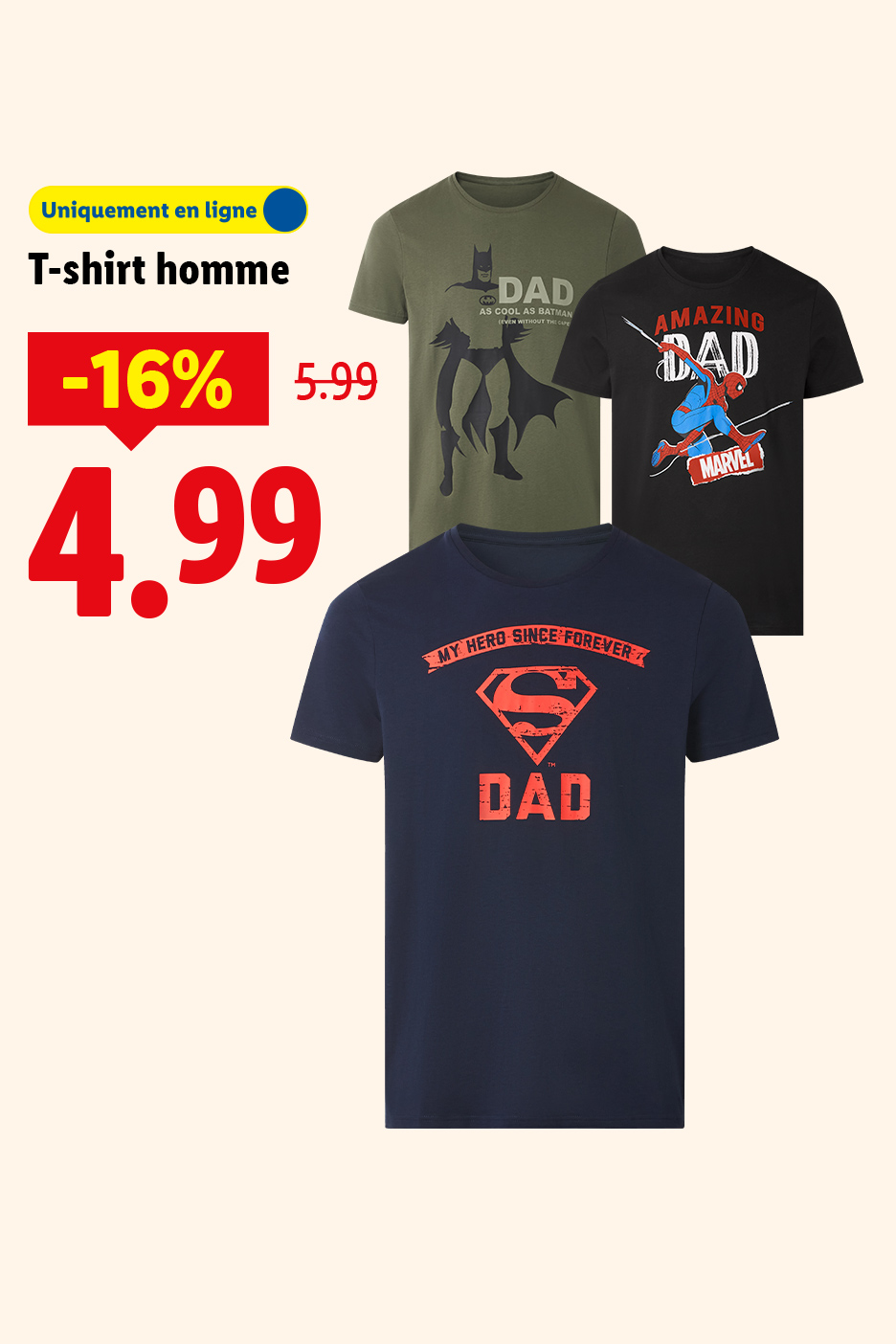 T-shirts homme à motifs de super-héros, en ligne, à 4,99€ au lieu de 5,99€.