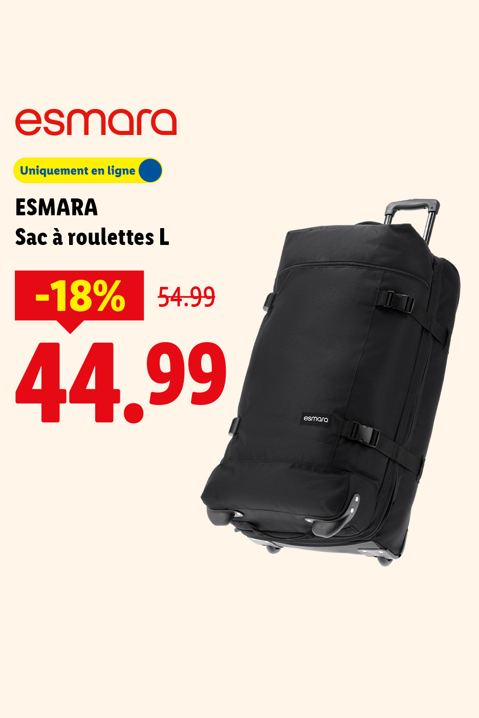 Sac à roulettes noir en promotion, disponible uniquement en ligne.