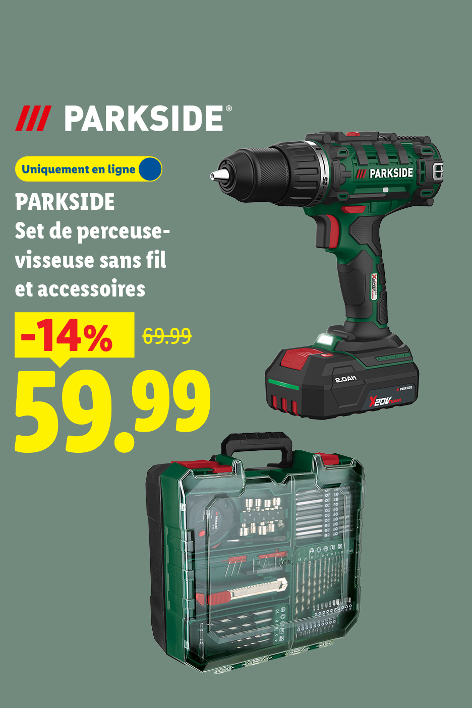Perceuse-visseuse sans fil et accessoires en promotion à 59,99 €.