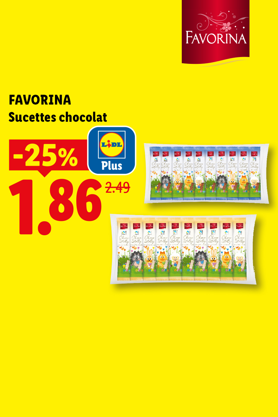 Sucettes au chocolat pour enfants avec une réduction de 25%, passant de 2,49 à 1,86.