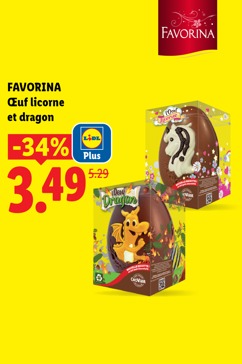 Œufs de Pâques licorne et dragon en chocolat, avec une réduction de 34% à 3,49€ (ancien prix 5,29€).