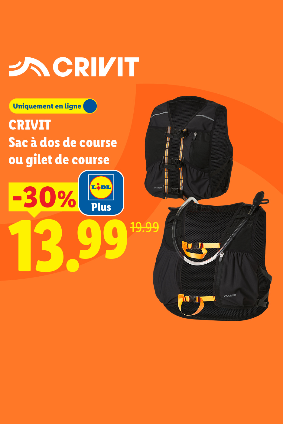 Sac à dos ou gilet de course noir avec une réduction de 30%, prix final 13,99€.