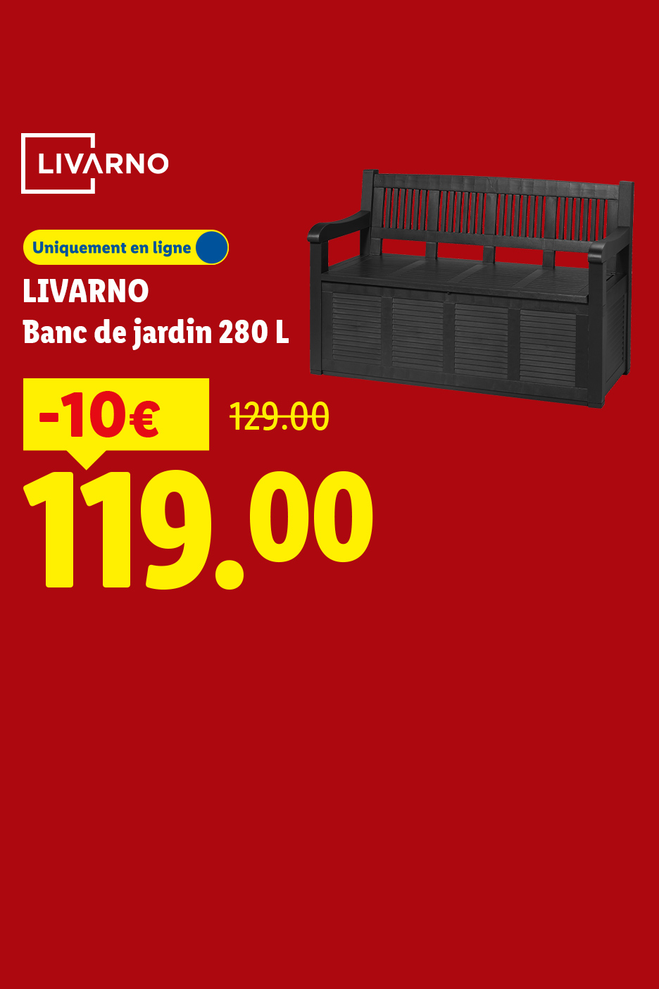 Banc de jardin noir avec rangement, 280 L, en promotion à 119,00 €.
