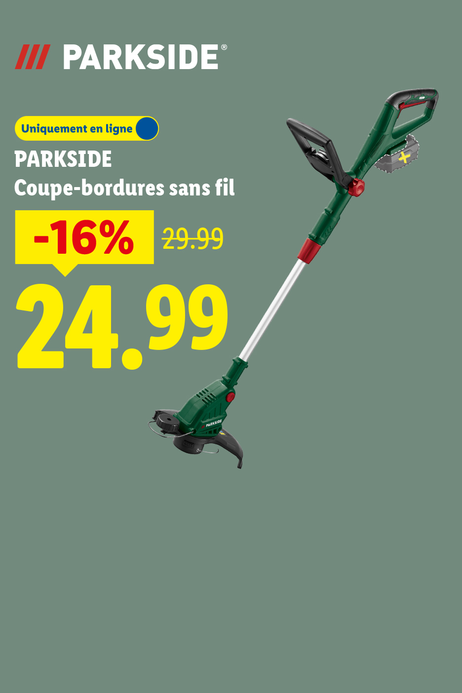 Coupe-bordures sans fil en promotion à 24,99 € au lieu de 29,99 €.
