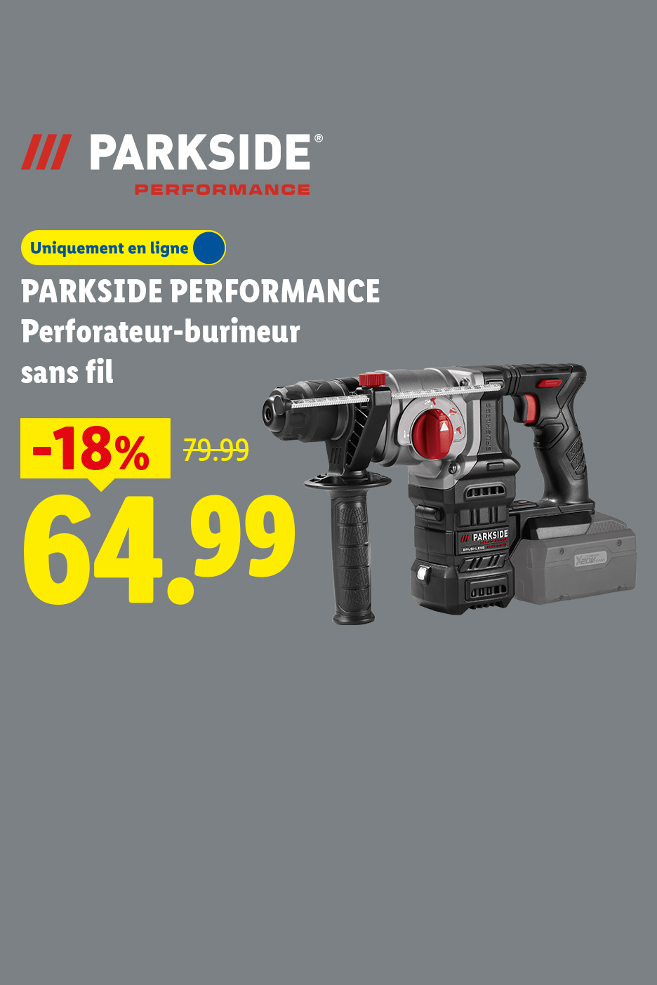 Perforateur-burineur sans fil en promotion à 64,99 € au lieu de 79,99 €.