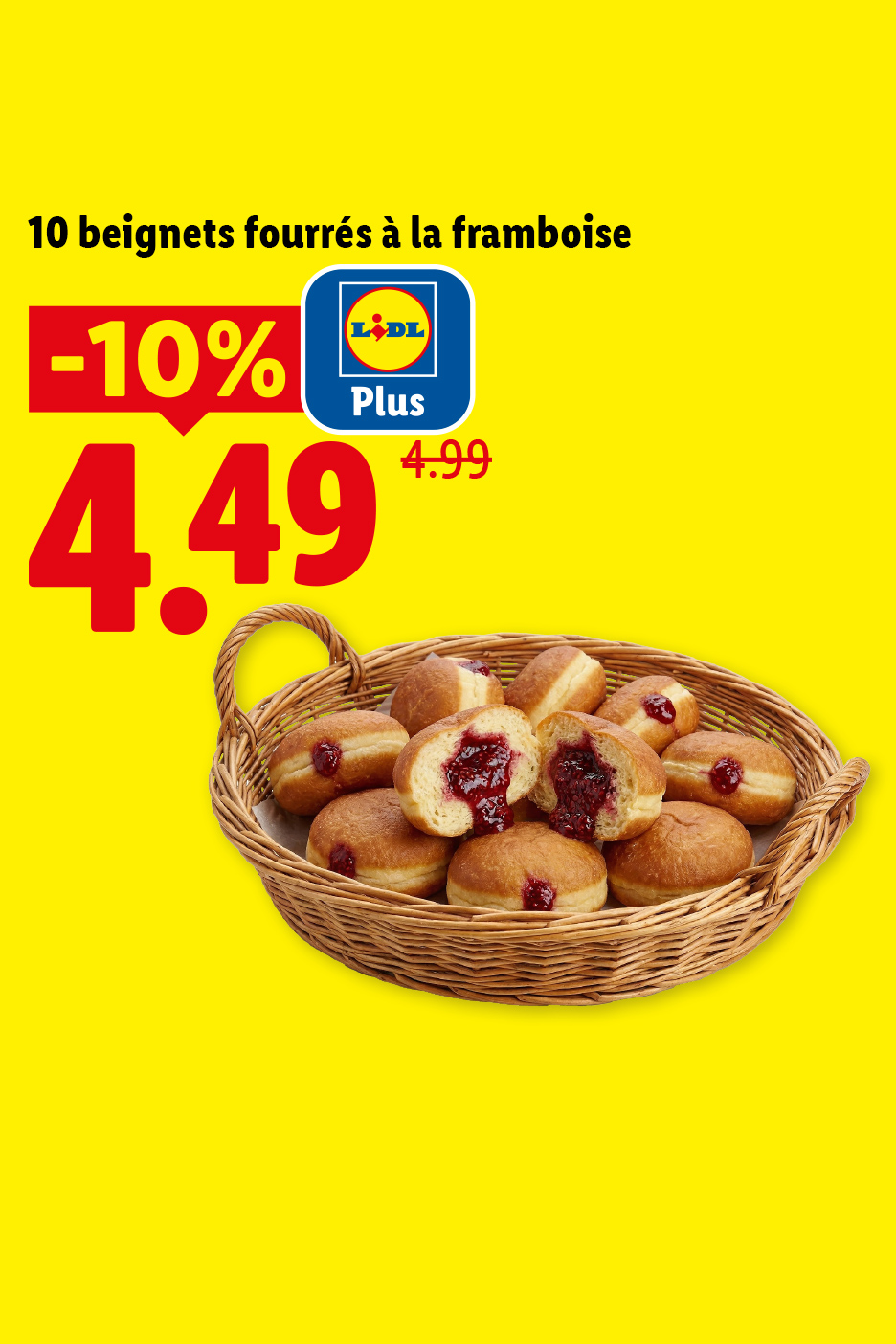 10 beignets fourrés à la framboise dans un panier, avec une réduction de 10% à 4,49€.