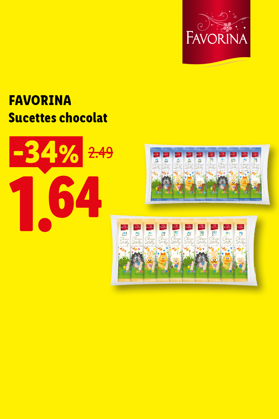 Sucettes au chocolat avec des personnages d'animaux, en promotion à 1,64 € au lieu de 2,49 €.